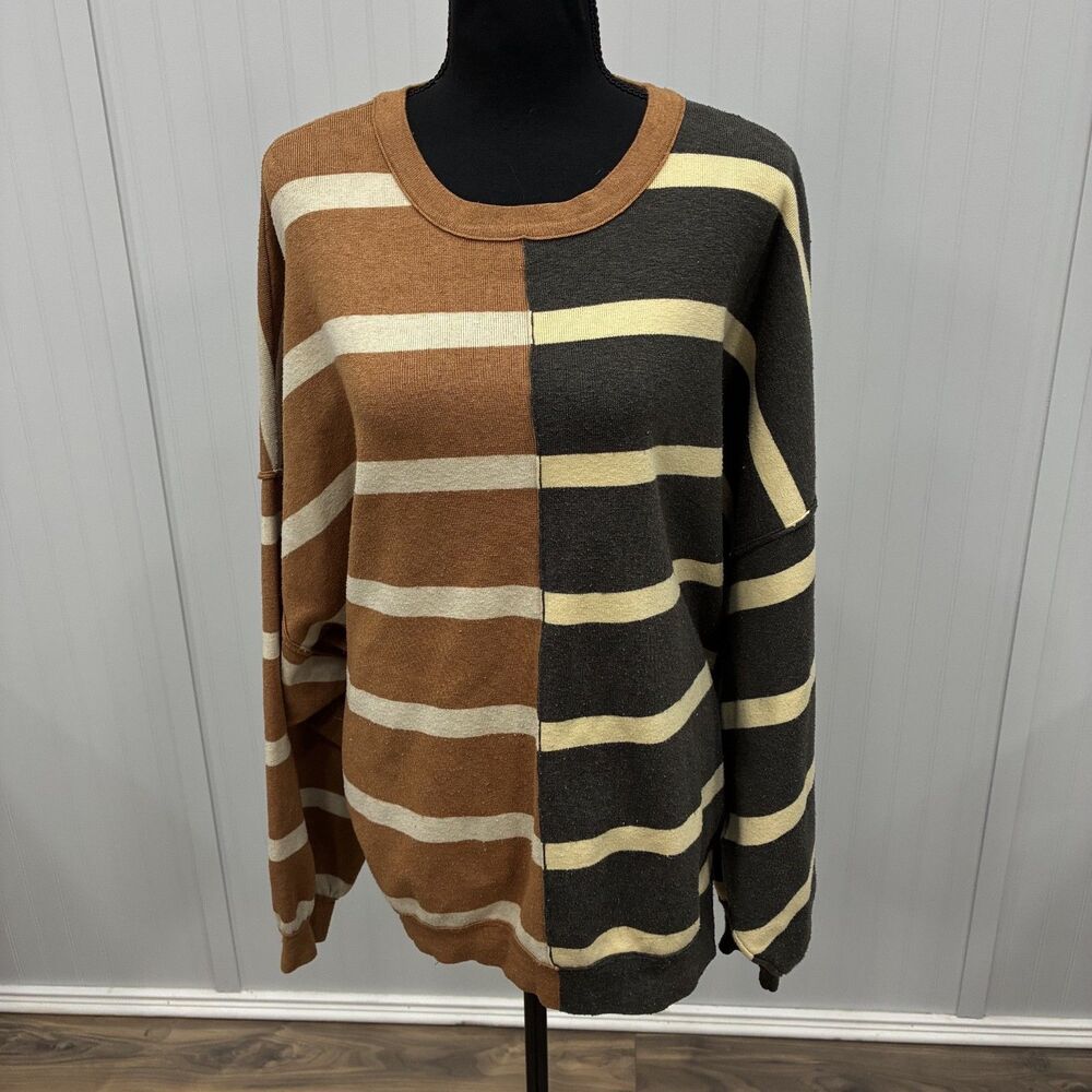 FREE PEOPLE Striped Colorblock Oversized Sweater Size M Brown Charcoal